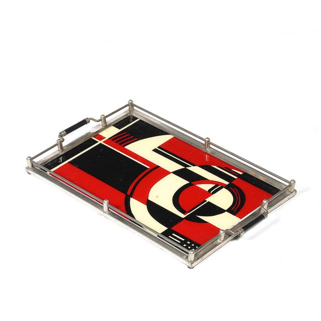 1930s Documented Art Deco Spiral Cubist Eglomise White, Cream & Black Detailed Tray For Sale - Image 5 of 10