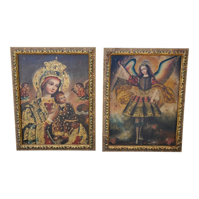 1980s Pair Framed Giclée Prints Our Lady of Perpetual Help & Archangel Barachiel Icons For Sale