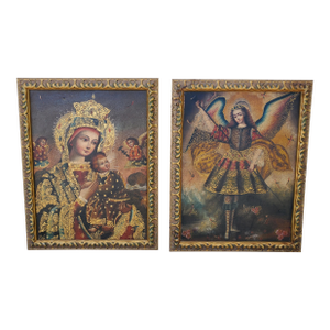 1980s Pair Framed Giclée Prints Our Lady of Perpetual Help & Archangel Barachiel Icons
