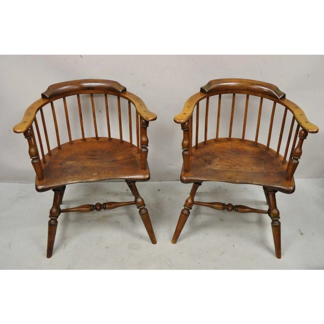 Antique Windsor Colonial Style Pine Wood Spindle Pub Arm Chairs - a Pair For Sale - Image 12 of 13