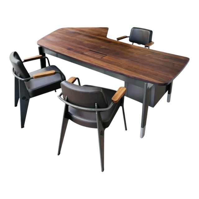 Presidence Executive Desk with 2 Executive Chairs and 1 Swivel Executive Chair by Jean Prouvé, Set of 4 For Sale