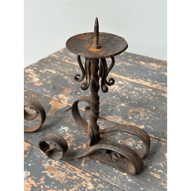 Metal Vintage Wrought Iron Scrolling Candleholders, a Pair, Circa Mid-20th Century For Sale - Image 7 of 18