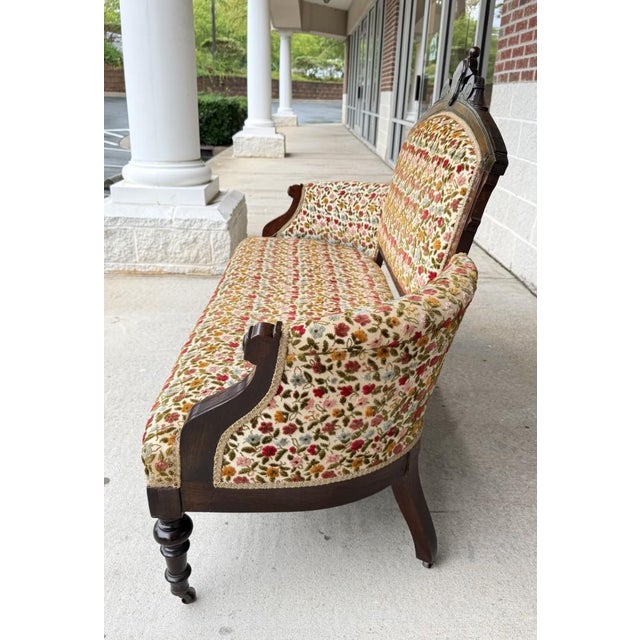 Wood Antique Eastlake Walnut Settee With Floral Upholstery For Sale - Image 7 of 15