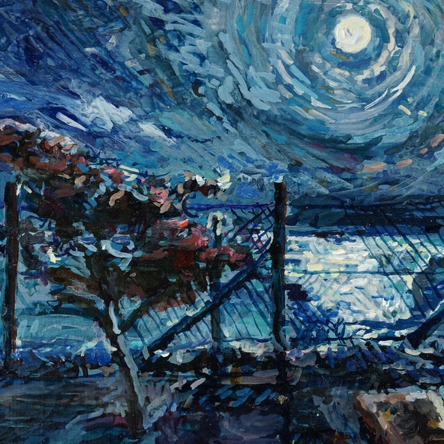 1980s Impressionist Style Oil Painting Moonlight Scene, 1983 – Alexander Michael For Sale - Image 5 of 6