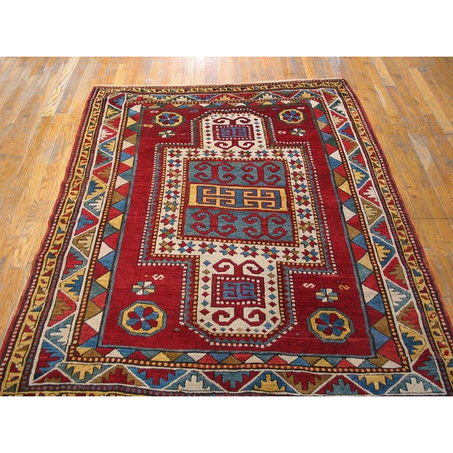 1930s Ruby Red Abstract Tribal Antique Caucasian Kazak Rug 4'4" X 5'3" Knotted Wool Carpet For Sale - Image 9 of 9