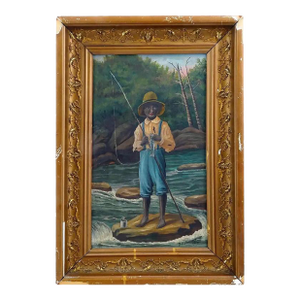 1910s Antique African American School Folk Oil Painting Signed, Framed