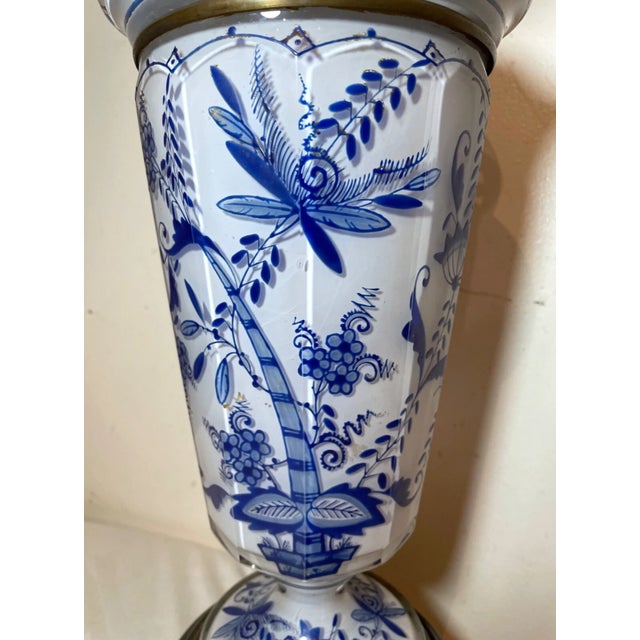 Blue Antique 1800's Ornate Victorian Brass White Glass Electrified Oil Parlor Lamp For Sale - Image 8 of 12