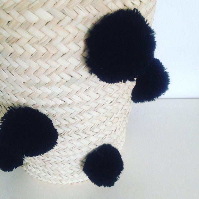 Moroccan Black Pompom Basket For Sale - Image 4 of 5