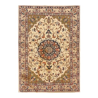 1940s Small Ivory Medallion Mid Century Modern Isfahan Silk Handknotted Wool Rug For Sale