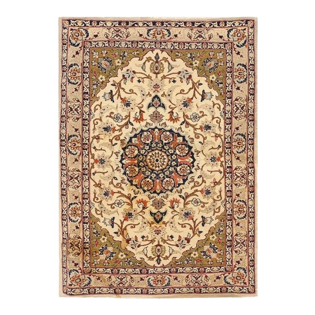 1940s Small Ivory Medallion Mid Century Modern Isfahan Silk Handknotted Wool Rug For Sale