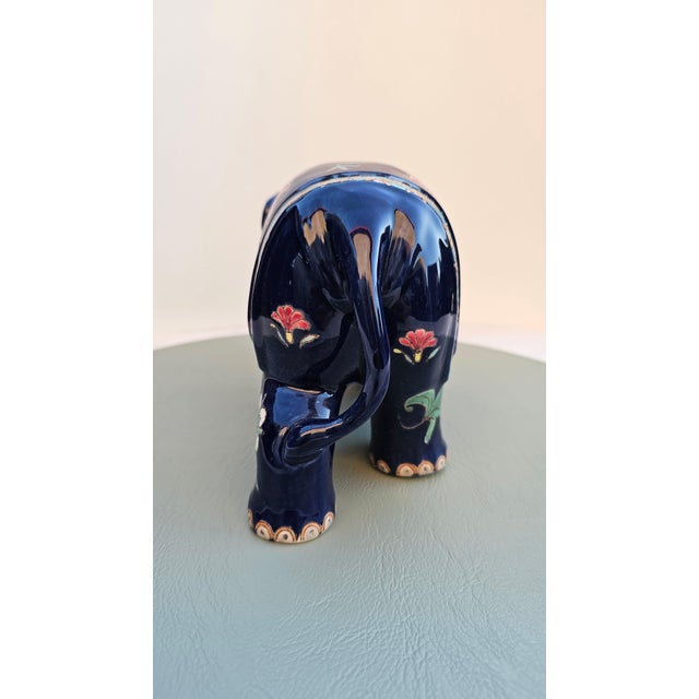 1970s Vintage Glazed Ceramic Elephant Figurine with Floral Motifs, 1980s For Sale - Image 5 of 9