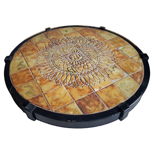 Round Coffee Table with Vallauris Ceramic Capron Barrois, France, 1960s For Sale