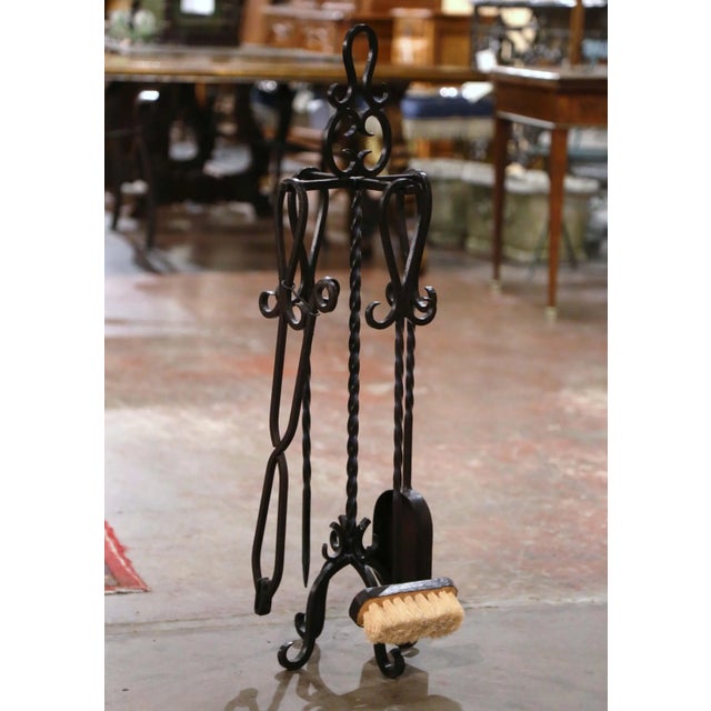 Vintage French Gothic Wrought Iron Five-Piece Fireplace Tool Set on Stand For Sale - Image 10 of 10