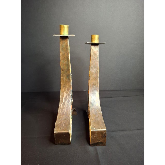 1970s Vintage Mid-Century Eilon Mosaics Hand-Hammered Copper & Holy Land Stone Shofar Candlesticks For Sale - Image 5 of 15