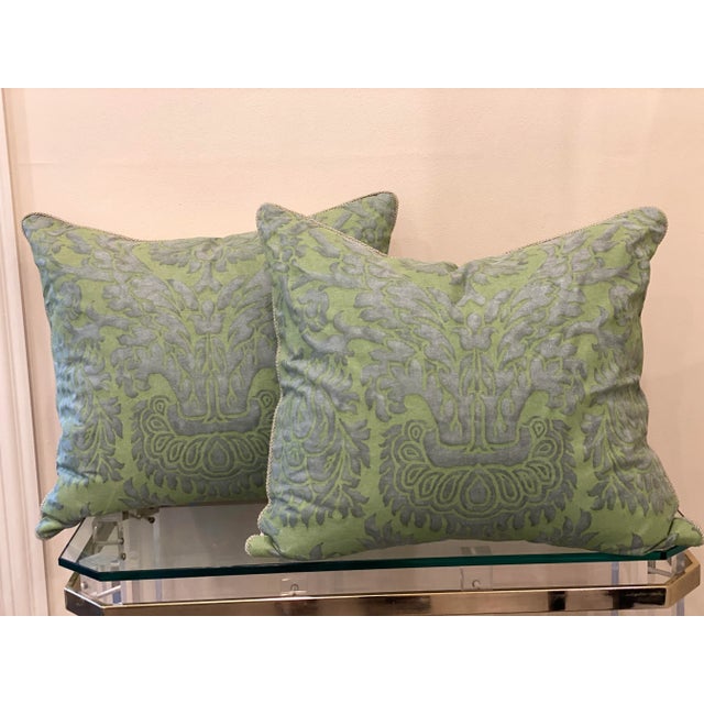 This is a really striking pair of green damask Fourtuny pillows. The front of each pillow is done in a green and gray...