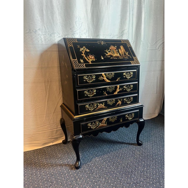 Chinoiserie 1970's Black Lacquer Hand Painted Asian Chinoiserie Secretary Desk For Sale - Image 3 of 12