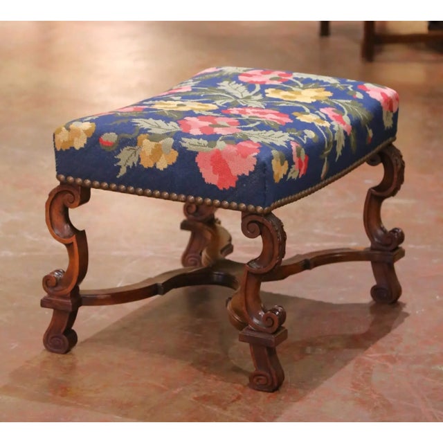 French 19th Century French Louis XIII Walnut Stool With Floral Needlepoint Upholstery For Sale - Image 3 of 12