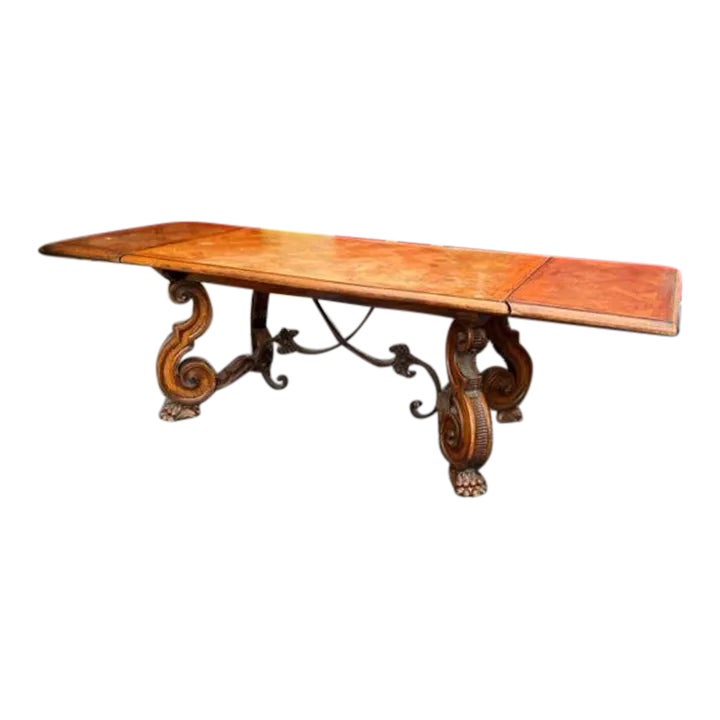 Large Oak Spanish Renaissance Style Large Dining Kitchen Table 2 Leafs