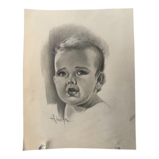 1940s Original Signed Graphite Illustration of Child Portrait, 10 × 8 In. For Sale