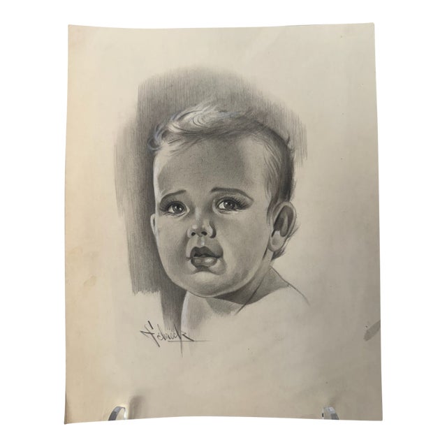 1940s Original Signed Graphite Illustration of Child Portrait, 10 × 8 In. For Sale