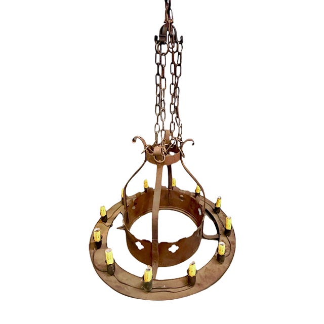 Vintage Round Iron Quatrefoil Chandelier For Sale