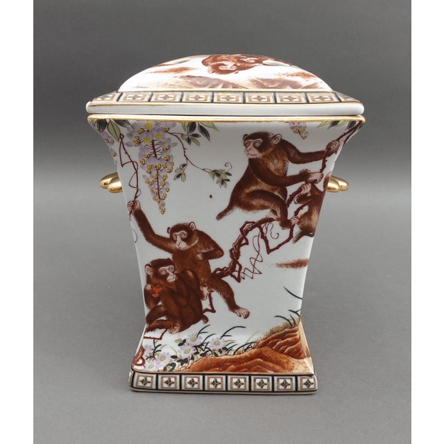 Mid 20th Century Mid 20th Century Chinese Hand Painted Monkey Gold Handled Porcelain Bough Pot Vase For Sale - Image 5 of 11