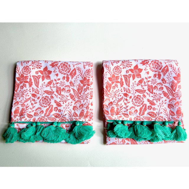 Early 21st Century Pair Unused White Cotton, Coral Floral, Teal Tasseled Hand Towels For Sale - Image 5 of 17
