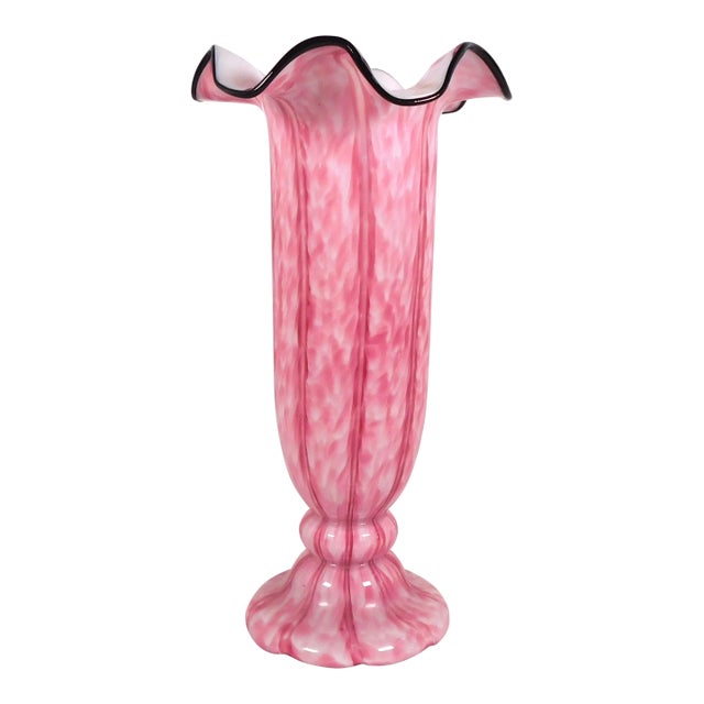 1950s Frans Welz Pink Striped Art Glass Vase With Black Rim For Sale