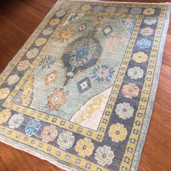 Contemporary Turkish Oushak Rug in Light Green and Charcoal With Yellow Accents, | 5'1" X 6'9" For Sale - Image 4 of 5