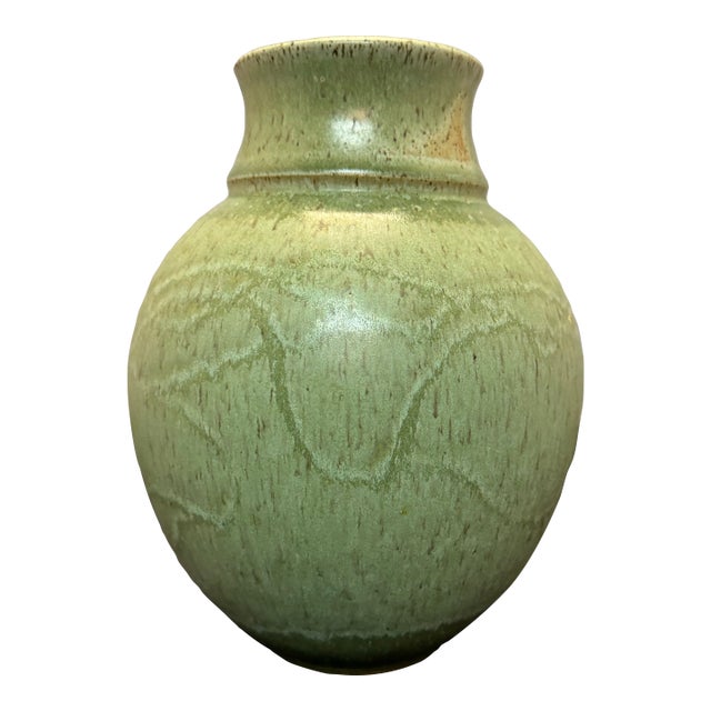 Vintage Titian Potteries Crown Lynn Nz Art Pottery Vase J3 Green Drip Marble Glaze MCM For Sale