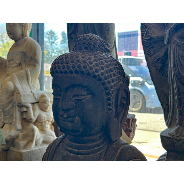 24" Distressed Black Brown Cross Legs Peaceful Hands Stone Buddha Statue For Sale - Image 9 of 13