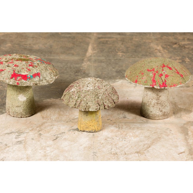 Set of Three American Midcentury Painted Concrete Mushroom Garden Ornaments For Sale - Image 11 of 12