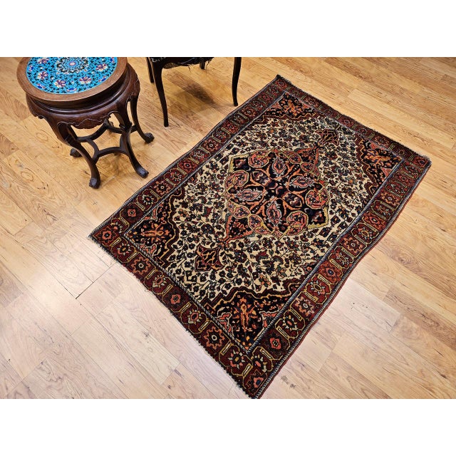 19th Century Persian Farahan Rug, Hand-Knotted Wool, Floral Pattern, Tan & Navy, 4x5 For Sale In Chicago - Image 6 of 16