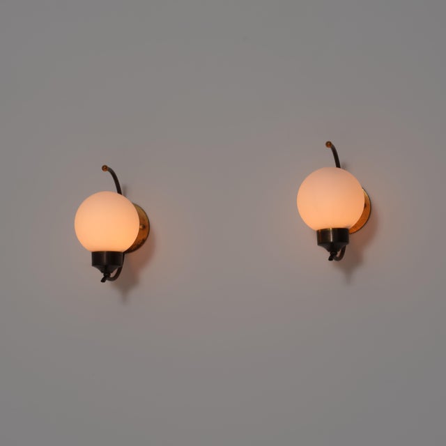 Italian Brass and Opaline Glass Wall Sconces, 1950s, Set of 2 For Sale - Image 4 of 9