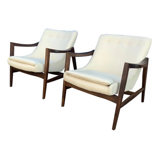 Modern Walnut Mid Century Style Lounge Chairs in Cream Boucle. - Pair For Sale