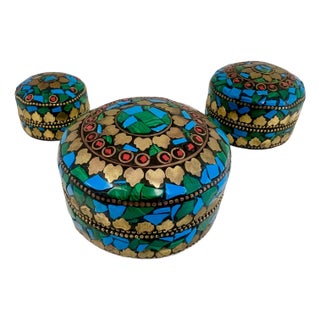 Vintage Handmade Round Shaped Natural Stones Boxes in Cobalt Green & Gold, Set of 3 For Sale
