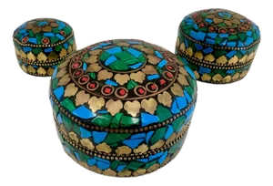 Vintage Handmade Round Shaped Natural Stones Boxes in Cobalt Green & Gold, Set of 3