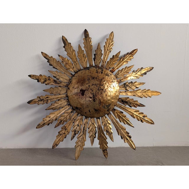 1950s Mid-Century Gilt Metal Sunburst Flush Mount with Leaf Rays, 1950s For Sale - Image 5 of 10