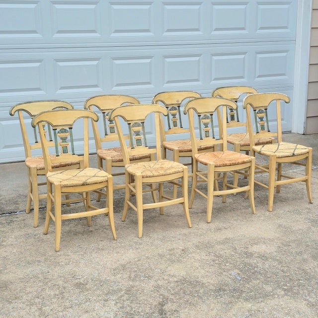 Late 19th Century French Provençal Directoire Painted Carved Back Rush Seat Dining Chairs, Set of 8 For Sale - Image 16 of 16