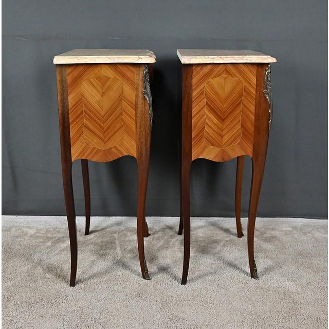 Louis XV Style Marquetry Bedside Tables, Late 20th Century, Set of 2 For Sale - Image 5 of 18