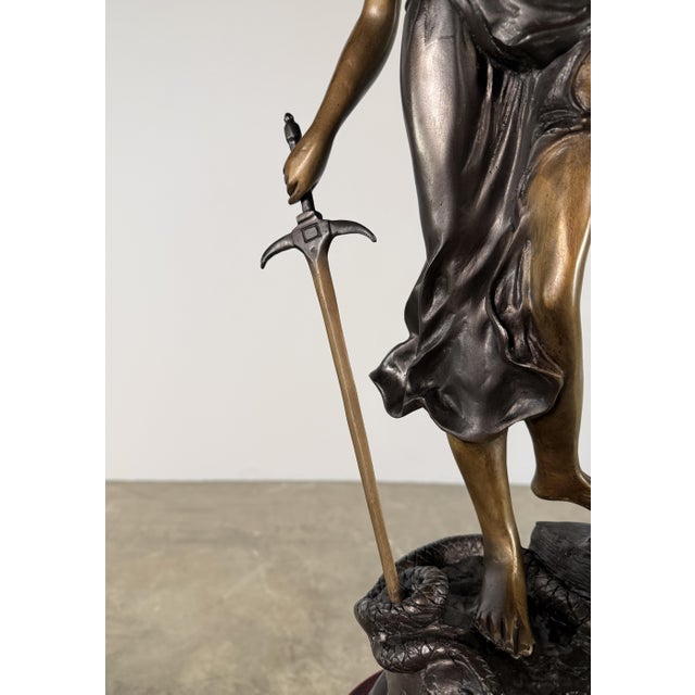 Bronze Lady Justice Sculpture – Blindfolded Justitia With Scales & Sword, 29” Tall For Sale - Image 4 of 13