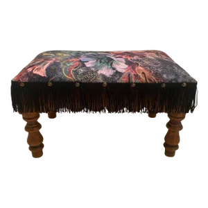 Vintage Art Deco Wood Footstool With Fringe