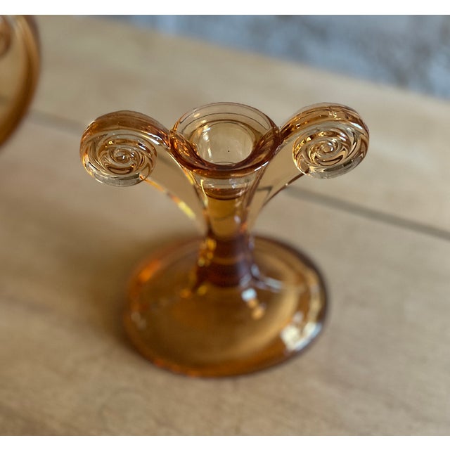 Fostoria Art Deco Pink Scroll Console Bowl With Pair of Candlestick Holders - 3 Piece Antique Set Glass Set Circa 1920-30 For Sale - Image 9 of 12