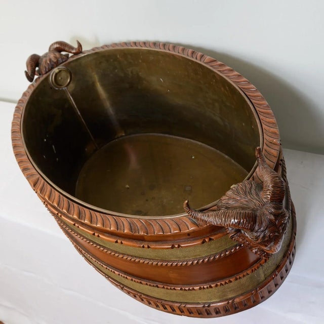 Wine Bottle Cooler, Mahogany & Brass Ram Heads, 1920s For Sale - Image 4 of 11