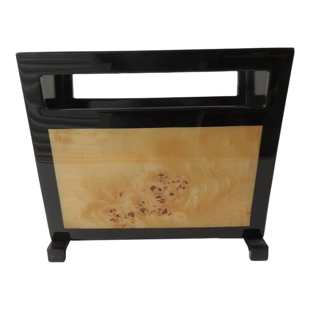 Art Deco Revival Black Lacquered Mappa Burl Walnut Magazine Stand For Sale