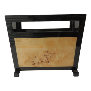 Art Deco Revival Black Lacquered Mappa Burl Walnut Magazine Stand