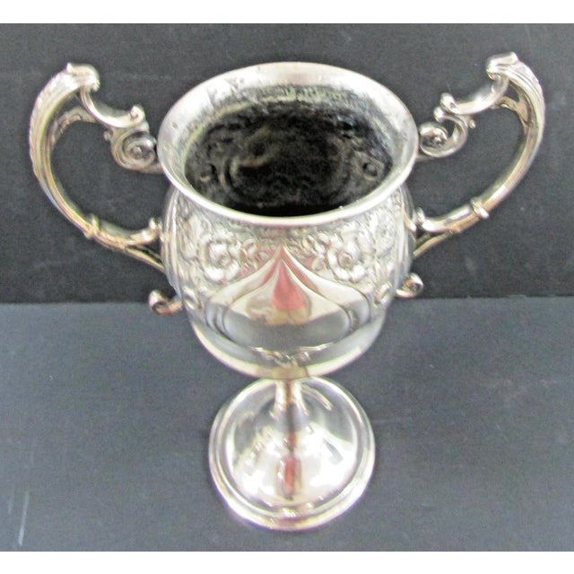 Victorian 1900s Victorian Silver Plated Trophy Cup Cast Scroll Handles Chased Floral Design For Sale - Image 3 of 12