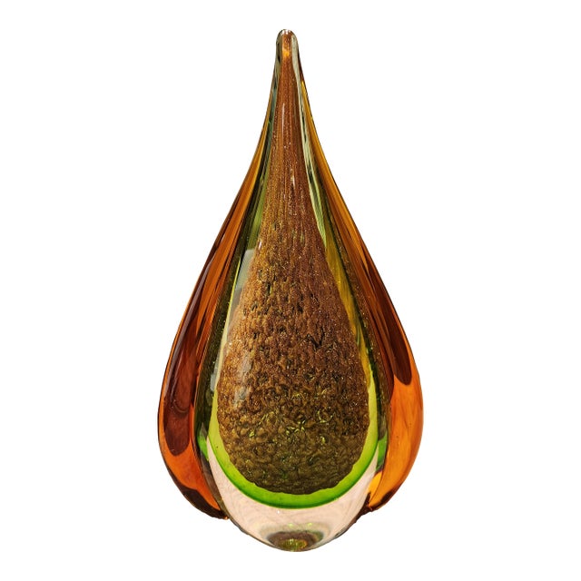 11.5" Monumental Murano Sommerso Teardrop Sculpture – Gold Aventurine & Bullicante For Sale