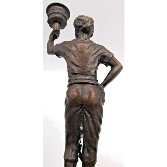 Matched Pair of Vintage Boho Patinated Bronze Boy Torchbearer Candle Holders For Sale - Image 9 of 9
