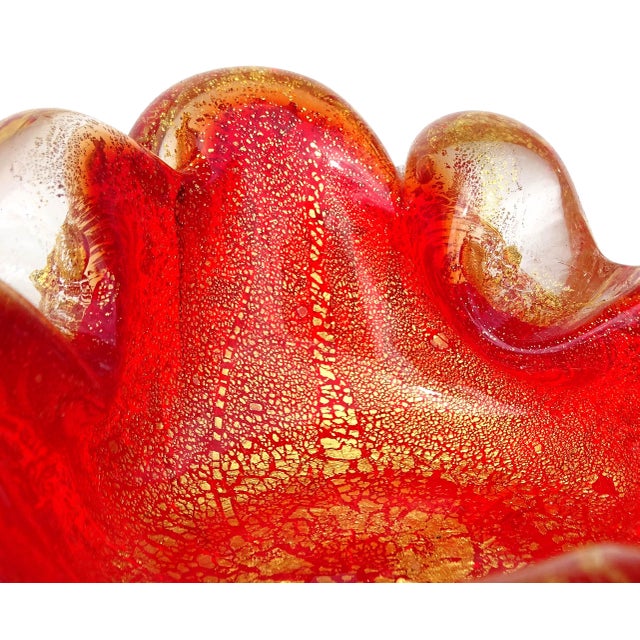 Red Murano Barovier Toso Vintage Bright Red Gold Flecks Control Bubbles Italian Art Glass Ashtray Bowl For Sale - Image 8 of 9